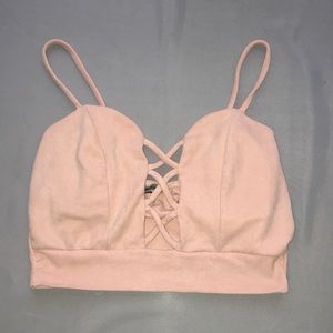 Peach velvet crop top criss cross in middle